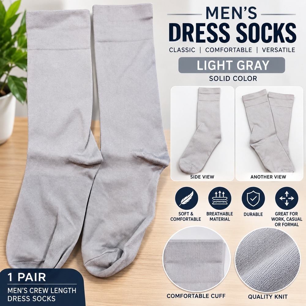 Mens Crew Length Dress Socks Light Gray Solid Color Classic Soft Breathable Pair